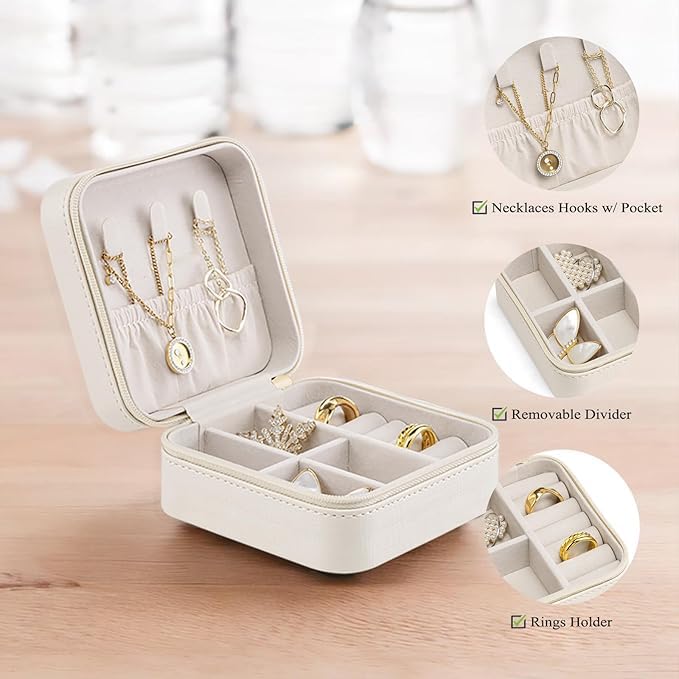 Organizer Jewelry Box - Small Travel Display Case for Girls Women Gift Rings Earrings Necklaces Storage,White