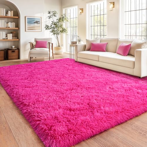 Soft Shaggy for Bedrooms, Hot Pink Area Rug, Fluffy Rugs for Living Room, Cozy Fuzzy Carpet for Kids, Perfect Indoor Decor for Boys and Girls 4x6 Feet