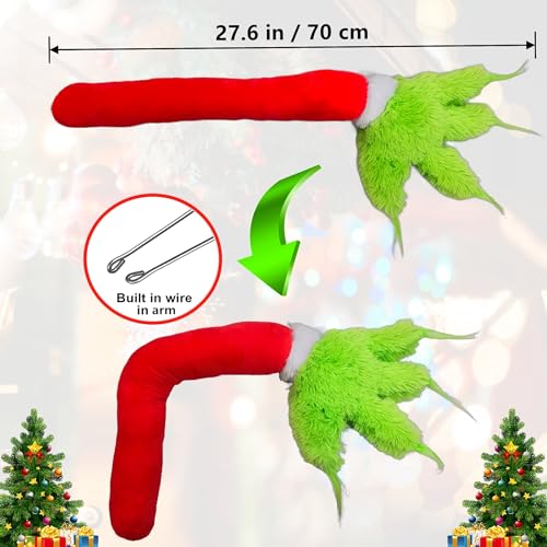 Christmas Elf Body Tree Decorations, Christmas Green Monster Stole Xmas Tree Topper, Pose-able Elf Stuffed Leg Arm and Head for Christmas Tree Decor Hanging Ornament (Arms, 27.6x7.8 inch)