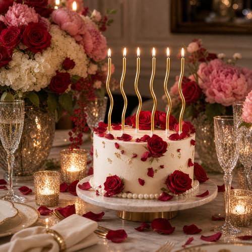 12-Count Spiral Birthday Candles, Long Twisty Gold Party Candles with Candle Holders, Long Burning for Weddings, Birthdays, Party Decorations, Cupcakes, Anniversary and Meetups (Gold)