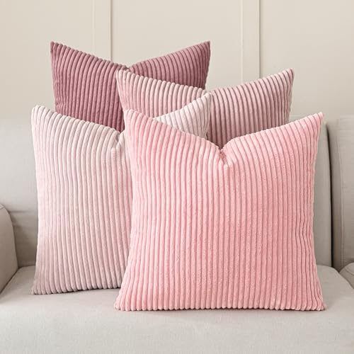 Volcanics Set of 4 Pink Corduroy Couch Throw Pillow Covers 18x18 in