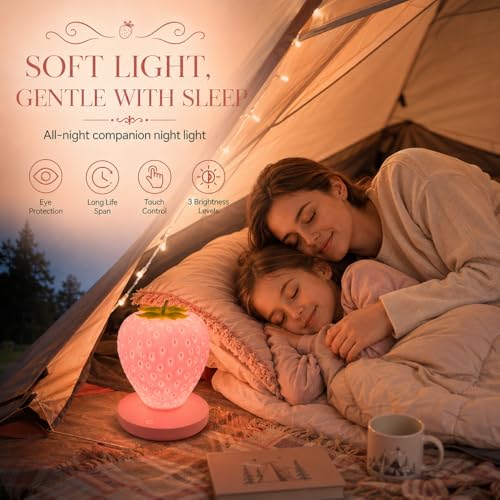 WLHONG Girls Gifts Strawberry Night Light, Silicone Strawberry Lamp Cute Small Lights, 3 Modes Dimmable Touch Bedside Lamps, Kawai Room Decor Romantic Gifts for Mom Girls Women Toddlers Teen