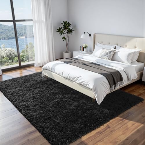 9x12 Fluffy Shag Area Rugs for Living Room Bedroom: Soft Plush Carpet Black