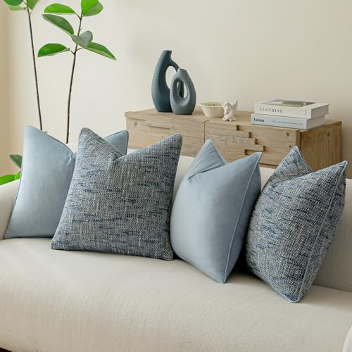 a moment Light Blue 4 Pack Throw Pillow Covers - Chenille & Velvet Set with Piping, Farmhouse Textured Design Pillow Cases for Couch Sofa Bed Livingroom (18x18 Inch, No Insert)