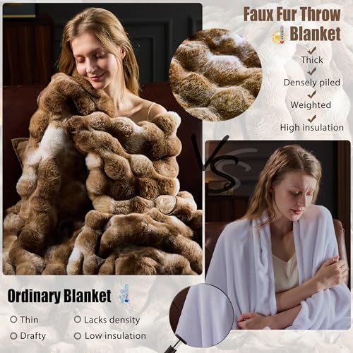 Faux Fur Throw Blanket for Couch, Fluffy Fuzzy Plush Bubble Blanket, Soft Warm Cozy Shaggy Rabbit Blanket, Luxury Decorative Gifts for Sofa Bedroom Living Room, 60x50inch (Tie-Dye-Brown)