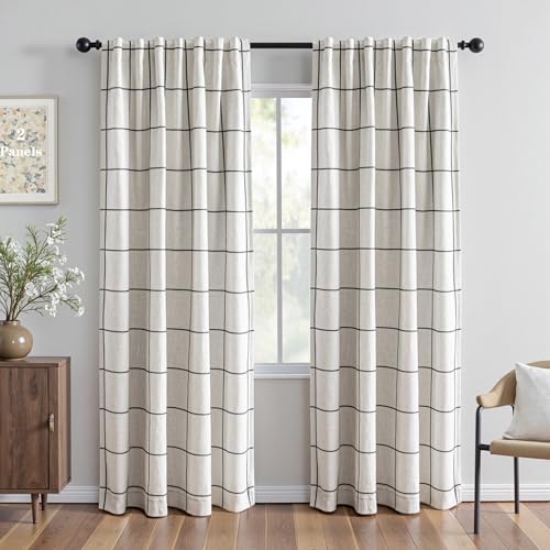 MYSKY HOME 100% Blackout Plaid Farmhouse Linen Curtains 84 Inch Long 2 Panels Set for Living Room Double Layer Windowpane Drapes Thermal Insulated Privacy Protection Rod Pocket Back Tab, 52" W, Black