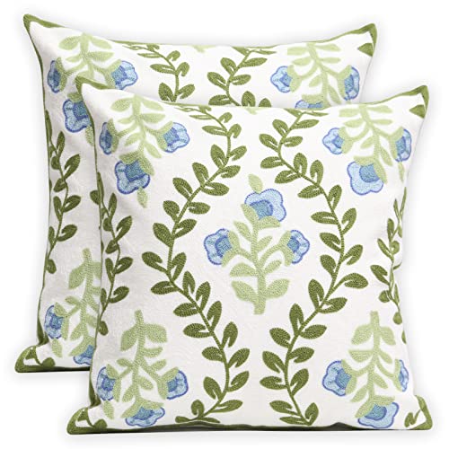 Set of 2 Embroidered Decorative Throw Pillow Covers Couch Square Pillowcases Cushion for Bedroom Sofa Farmhouse Decor 18x18 Inch (Blue Floral)
