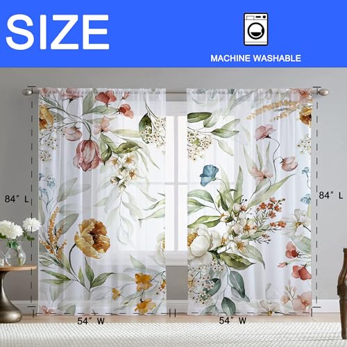 Floral Sheer Curtains for Living Room 84 inch Length 2 Panels Set Elegant Yellow Flower Spring Printed Window Curtain Chiffon Drapes for Bedroom