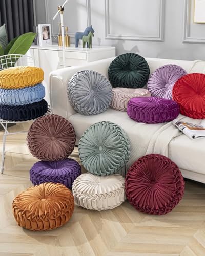 HLOVME Round Velvet Pillow for Couch Small Handmade Decorative Throw Pillow for Bed Bedroom 13.7” Dark Red