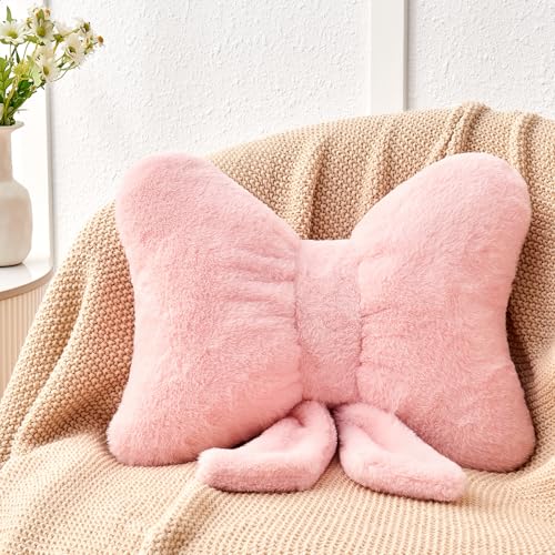 Pink Bow Pillow,12'' Bow Shaped Pillow with Faux Rabbit Fur,Soft Bow Throw Pillows Aesthetic Bow Decorative Pillows for Bed Sofa Couch Home Decor