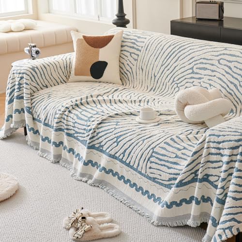 ROOMLIFE Thicked Striped Couch Cover with Tassel Blue Chenille Sofa Cover Blanket for Sectional Sofa, Soft Sofa Slipcovers for L Shaped Love Seat 2-3 Cushion Couch Anti Slip Sofa Protector, 71"x118"