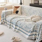 ROOMLIFE Thicked Striped Couch Cover with Tassel Blue Chenille Sofa Cover Blanket for Sectional Sofa, Soft Sofa Slipcovers for L Shaped Love Seat 2-3 Cushion Couch Anti Slip Sofa Protector, 71"x118"