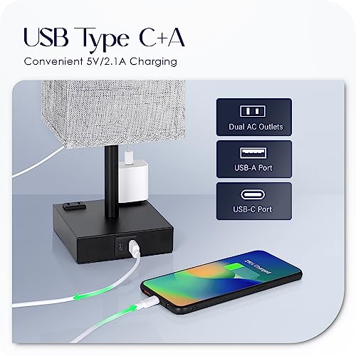 Bedside Table Lamps Set of 2 - Touch Nightstand Lamp for Bedroom with USB C+A Charging Ports & AC Outlets, 3-Way Dimmable Desk Lamp Grey Fabric Shade for Bedroom Living Room, Office(Bulb Included)
