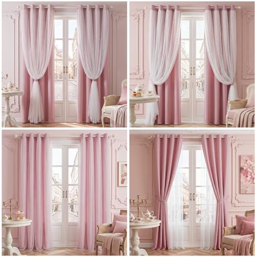 MYSKY HOME Pink Blackout Curtains for Girls Bedroom & Nursery Kids Blush Princess Double Layer Drapes, Polka Dots Sheer, Grommet Tops, 52x84 Inch, 2 Panels