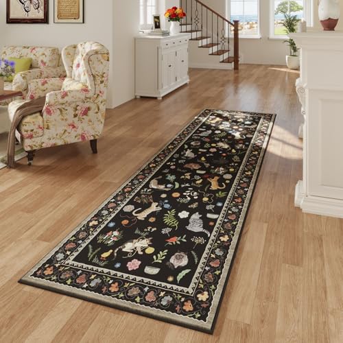 Rugcomf Runner Rug 2'7"x8' Washable Non Slip Floral Animal Cat, Black