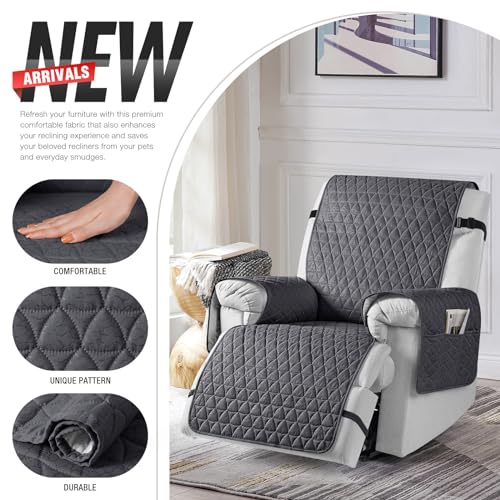 TAOCOCO 100% Waterproof Recliner Chair Covers, Non Slip Recliner Covers that Stay in Place, One-Piece Washable Reclining Chair Cover with Elastic Straps, Black Grey, Fits 22" Seat Width