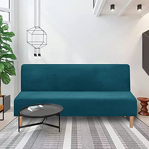 MIFXIN Armless Futon Slipcover Velvet Stretch Folding Sofa Cover Elastic Couch Furniture Protector for Foldable Futon Moving Sofa Bed Without Armrests (Velvet Deep Blue)