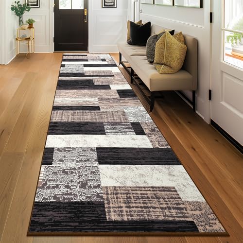 Indoor Washable Runner Rug with Rubber Backing, Modern Geometric Patchwork