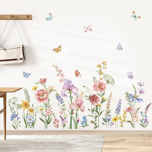 decalmile Spring Garden Flower Wall Stickers Wildflower Iris Butterflies Wall Decals Living Room Girls Bedroom Baby Nursery Wall Decor