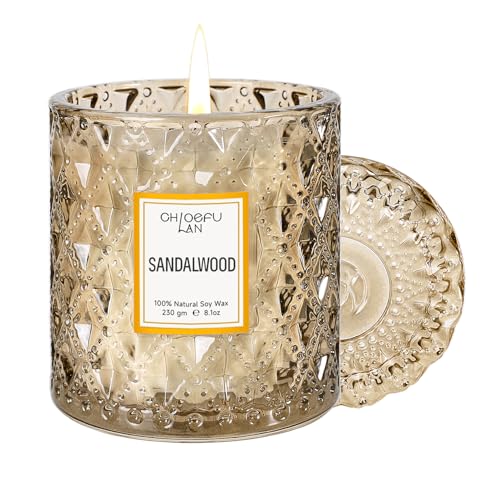 Chloefu LAN Sandalwood Candle, Dad Gifts Candle, Natural Soy Scented Candles for Stress Relief, 55 Hours Lasting Burning, Great Gift for Women & Men