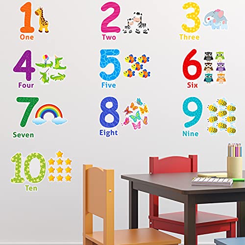 Outus 3 Sheets Number Wall Decals Children Number Stickers Animal Arabic Numbers 1-10 Learning Educational Wall Decals Peel and Stick Animal Stickers Classroom for Kids Nursery Bedroom Playroom Decor