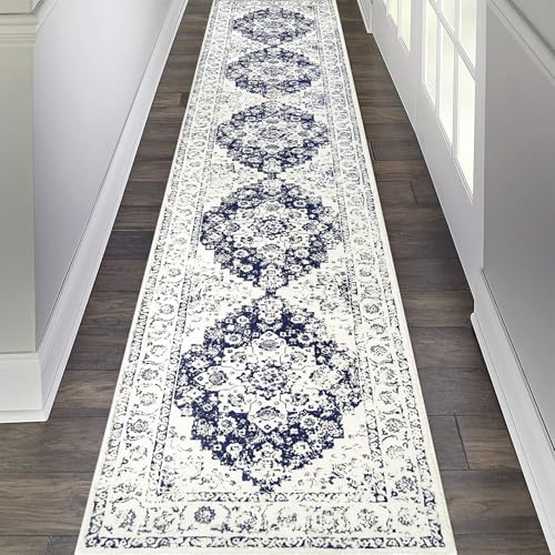 Pauwer Vintage Floral 2x10 Runner Rug, Non Slip Hallway Runner, Navy Blue