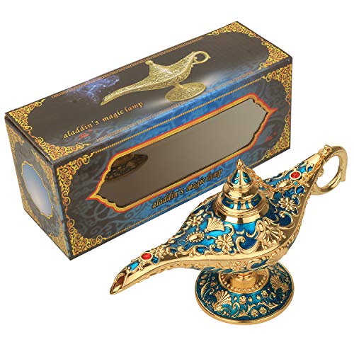 LAUYOO Classic Aladdin Magic Genie Lamp Legend Wishing Light Costume Lamp Metal Carved Arabian Props for Home Tabletop Decoration Party Birthday Halloween Christmas Size 7 x 20.7 x 11.3CM-Blue