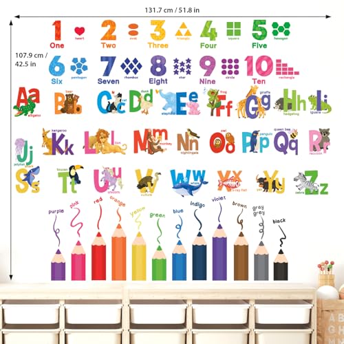 DECOWALL SG3-2316 Alphabet Numbers and Colouring Pencils Wall Stickers Decals Classroom Kids playroom Art Play Room Rainbow ABC Decorations Toddler Color Child Preschool Living Baby Girl Baby boy