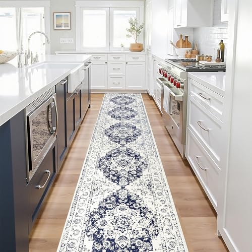 Pauwer Vintage Floral 2x10 Runner Rug, Non Slip Hallway Runner, Navy Blue