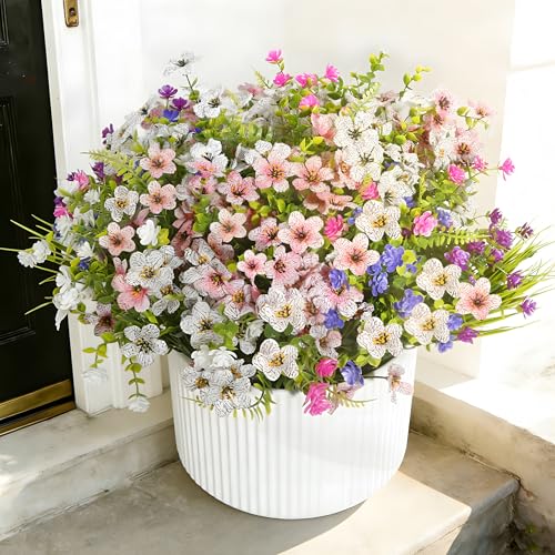 Fake Flowers for Outdoor UV Resistant 24 pcs Pink Artificial Flowers Outdoors, Realistic Faux Silk Flowers Fade Resistant, Fake Plants ＆ Flowers for Garden Porch Planters Window Patio Wedding