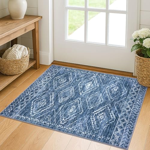 KILOCOCO Entryway Rug 2x3 Small Washable Rug Door Mat Indoor Soft Non Slip Printed Blue Kitchen Rugs for Bedroom Entry Front Door Geometric Boho Throw Rugs, Stonewashed Blue