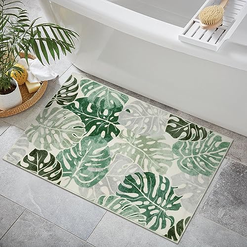 Wonnitar Tropical 2x3 Small Bathroom Rug, Washable Green Leaf Bath Mat, Non-Slip Cute Monstera Kitchen Sink Throw Rug, Low Pile Non-Shedding Floor Carpet for Bedside Dorm Doormat Decor