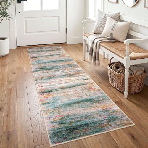 KOZYFLY Modern Washable Rug Runner 2x6 Runners for Hallways Green/Turquoise