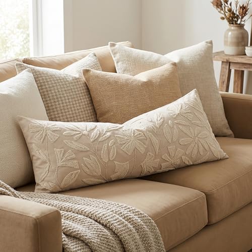 BlissBlush 14x36 Lumbar Pillow Cover for Bed, Rectangular Decorative Long Throw Pillowcase, Embroidered Farmhouse Accent Cushion, Beige Neutral Floral Tufted (Cover Only)