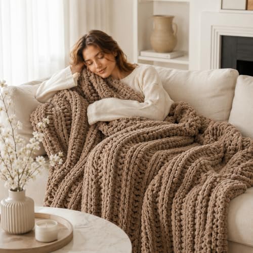 Battilo Chunky Knit Throw Blanket for Couch, Hand Made Chenille Throw Blanket, Super Soft Warm Cozy Taupe Blanket for Bed, Sofa, Living Room, 50"x60"