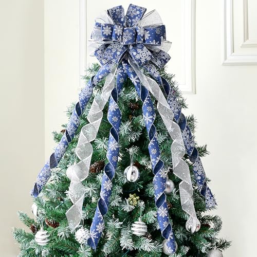 JOIEDOMI 45 Inch Christmas Tree Topper Wreath Bow, Blue and Silver Ribbon Ornaments with Snowflakes and Glitter, Large Gift Decor for Xmas Holiday Themed Decoration Home Parties Wedding