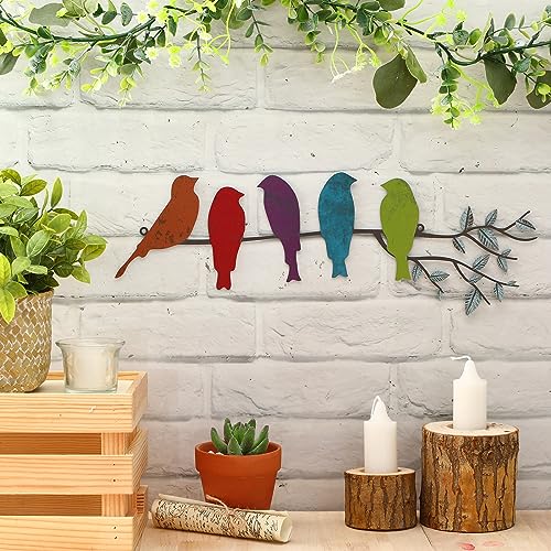 Ferraycle Metal Bird Wall Art - Birds on Branch with Leaves - Metal Sculpture Wall Hanging Sign for Balcony, Garden, Home Decor(Fresh Colors)