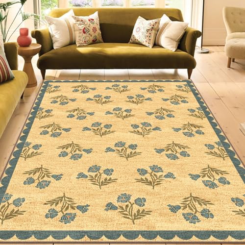Floral 5x8 Living Room Rug, Blue Brown Scalloped Bedroom Area Rug