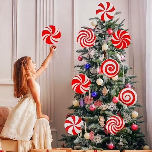 12Pcs Large Candy Christmas Tree Decorations Peppermint Lollipop Christmas Picks for Tree, 7.87" Red and White Candy Ornaments, Plastic Candyland Tree Topper for Xmas Holiday Party Vase Decor