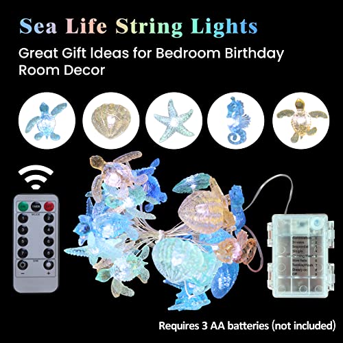 Nautical Theme Ocean Décor Beach Decorative String Lights Outdoor Seahorse Sea Turtle Starfish Shell Cute Marine Life Novelty Night Lights 30LED 10ft Battery Operated