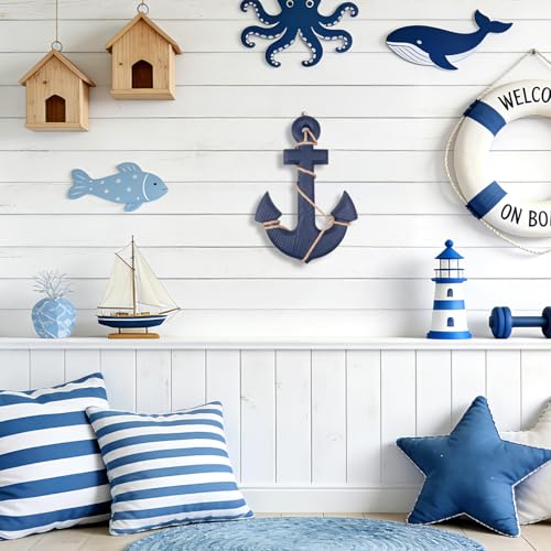 13" Nautical Wooden Anchor with Rope Nautical Beach Wood Anchor Wall Art Decor Door Hanging Ornament Beach Theme Home Decoration (Blue)