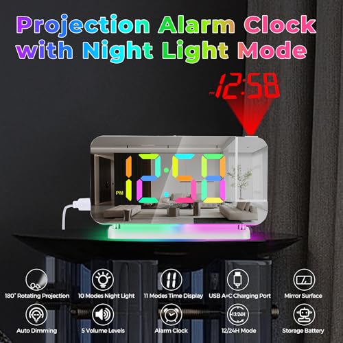 Projection Clock, 7.4" LED Mirror Digital Alarm Clocks, with RGB Night Light, 180° Rotatable Projector,USB C Charger Port, Auto Dimmer, Modern Desk Clock for Teens Girl Adults Bedroom - White