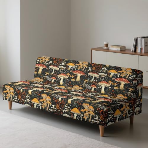 Mushroom Stretch Armless Sofa Bed Cover, Easy to Install Couch Slipcover Without Armrests, Washable Folding Futon Cover, Non-Slip Futon Sofa Bed Slipcover with Elastic Bottom