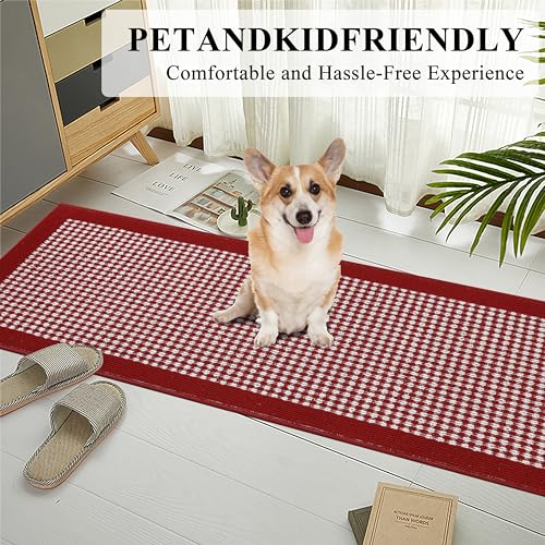 Hallway Runner Rug 2x10ft Red Kitchen Floor Mat Modern Geometric Non Slip Throw Rugs Busy Traffic Extended Indoor Doormat Machine Washable Accent Carpet forBedroom Living Room Valentine's Day