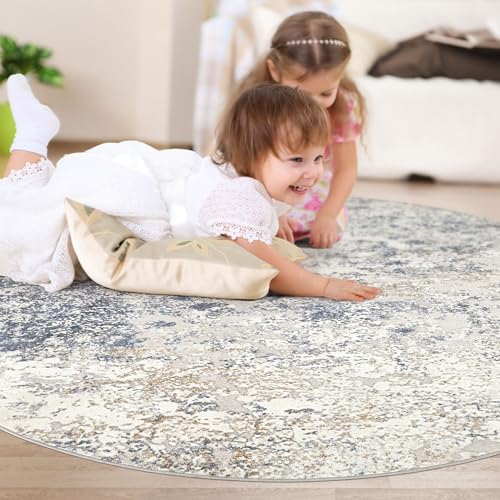 DMOYEST 6ft Round Area Rug Living Room Rugs - 6x6 Washable Large Soft Indoor Modern Abstract Low Pile Rug Carpet for Bedroom Dining Room Farmhouse Home Office - Beige Blue