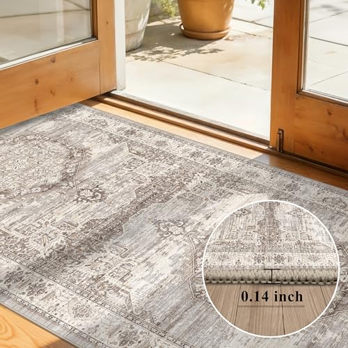 HAOYUNLAI Washable 4x10 Living Room Area Rug Beige Low‑Pile Bedroom Carpet