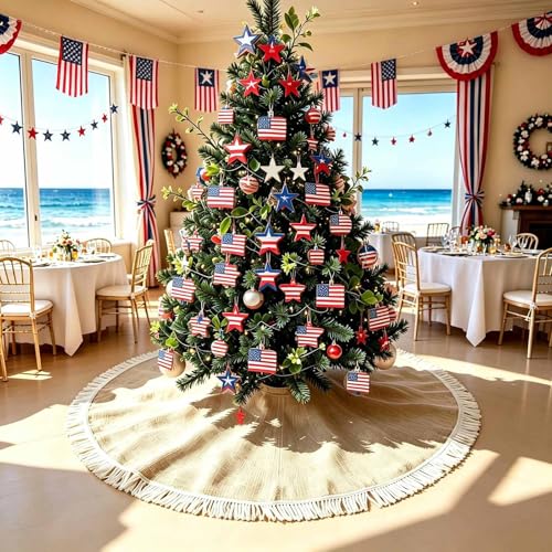 Yuboo 36" Burlap Tree Skirt with Tassel, 4th of July Farmhouse Jute Linen Spring Christmas Tree Skirt for Wedding, Birthday, Memorial, Patriotic, Farmhouse Home Decor Ornaments