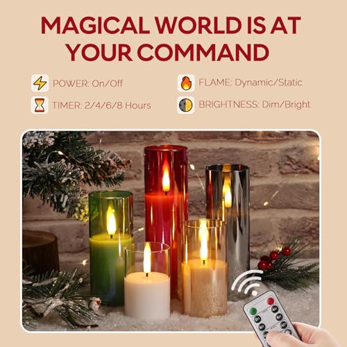 Red Glass Flameless Pillar Candles with Remote Batteries Set of 5