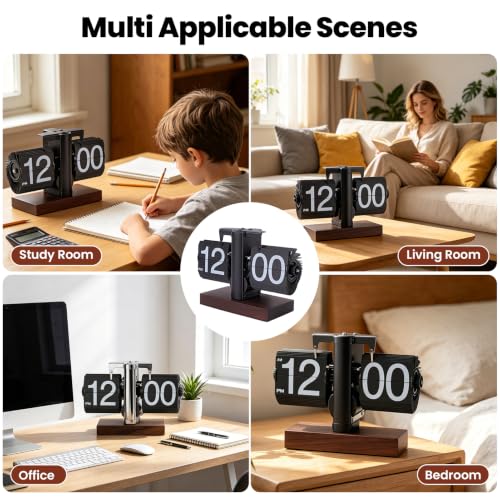 VINGVO Digital Flip Down Clock, Retro Flip Desk Clock, Battery Operated Mechanical Clock, Internal Gear Operated Time Clocks for Home Room Office Desk & Shelf Decoration (Black)