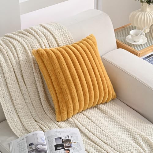 Volcanics Set of 1 Double-Sided Faux Fur Mustard Yellow Pillow Covers 18x18